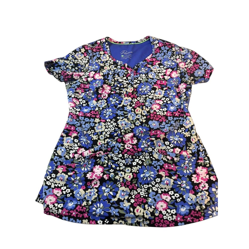 Premiere Healing Hands Scrub Top Size XS Front Pockets Isabel Purple Pink Floral